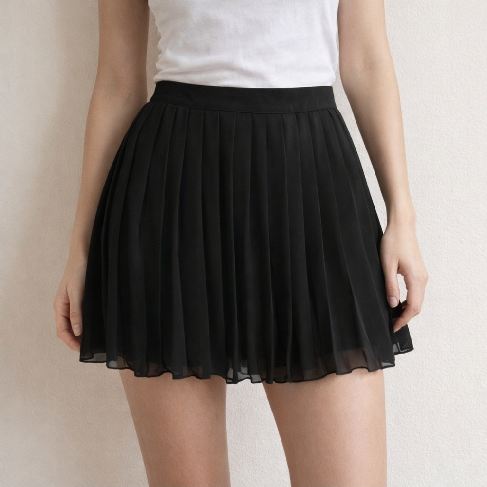 Forever 21 Pleated Chiffon Mini Skirt Black Womens Preppy Accordion Flared Small